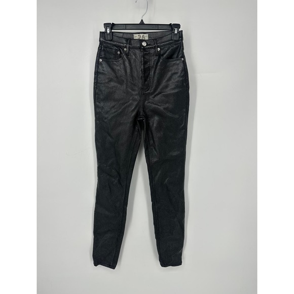 Free People Phoenix coated pants 26 black shiny high rise button fly mob wife - Picture 2 of 12